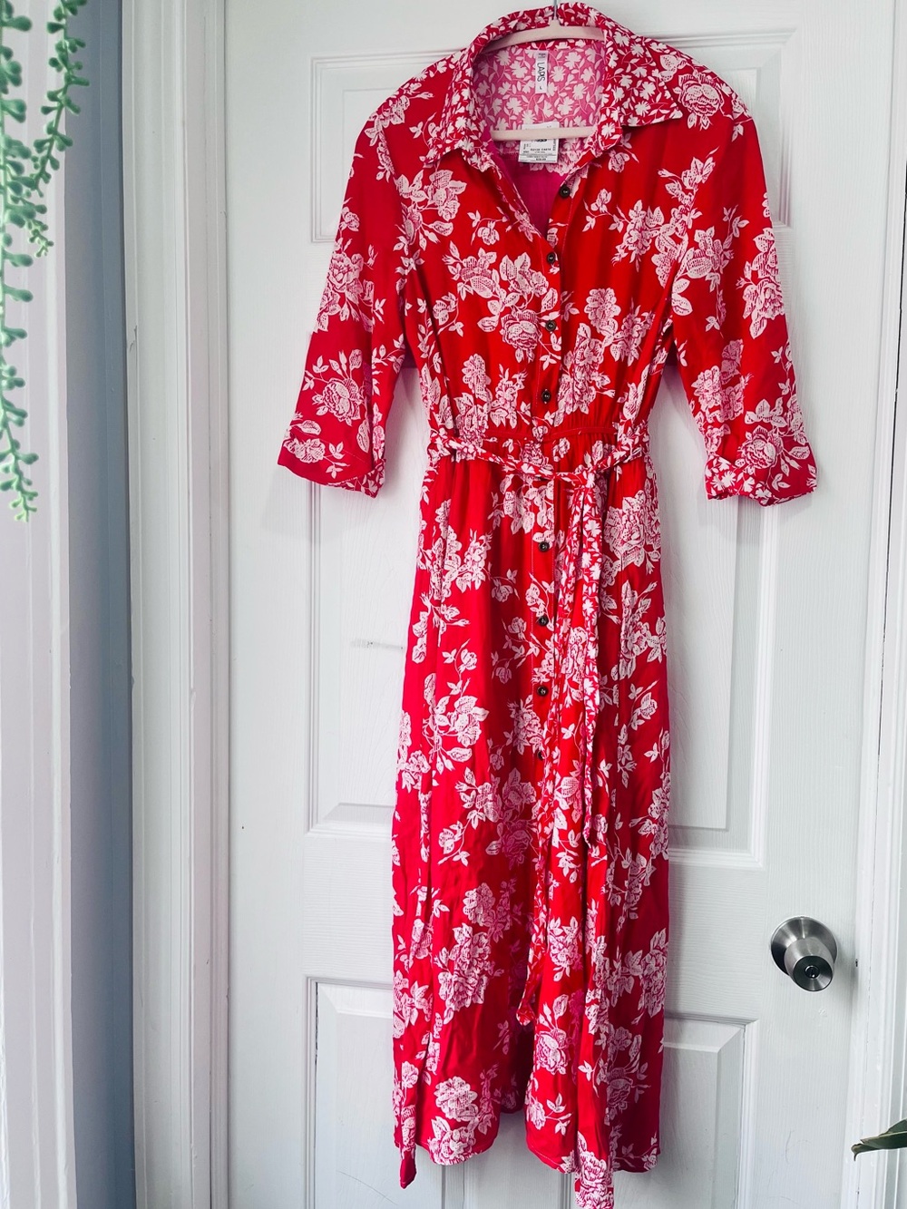 Lapis Red Floral Button-Front Maxi Dress with Waist Tie